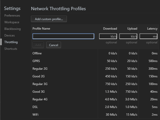 Chrome移动设备仿真器带宽